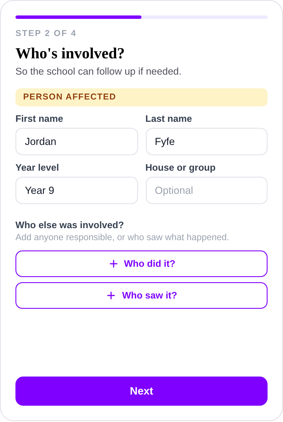 Step 2 of the uSpeak report form, Who's involved? The name and year level of the person affected, with optional buttons to add who did it and who saw it.