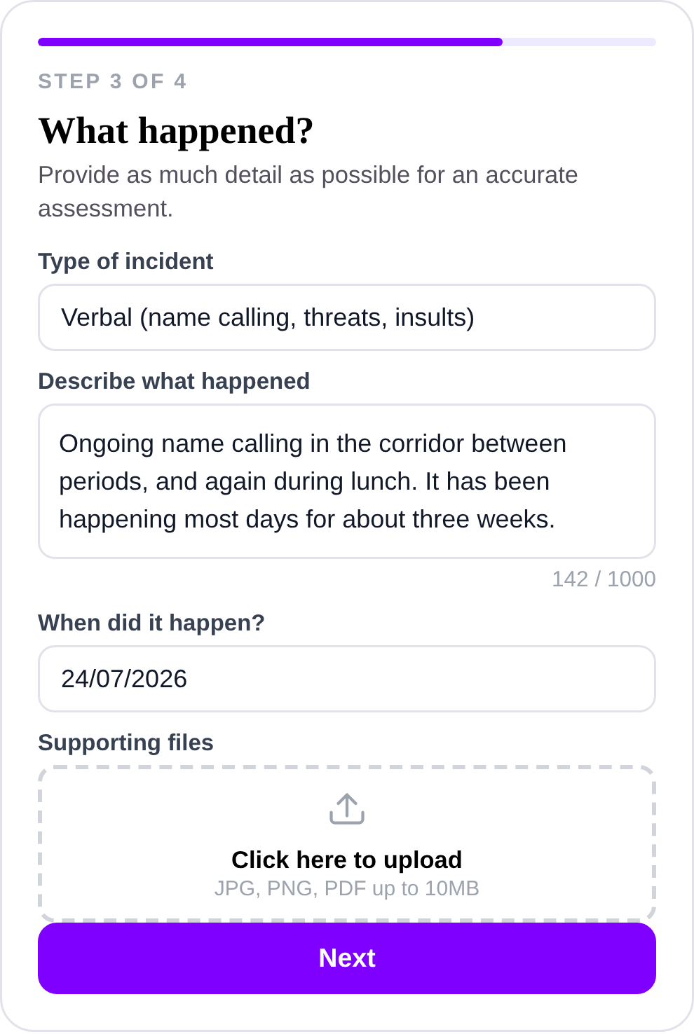 Step 3 of the uSpeak report form, What happened? The type of incident, a written description, the date it happened, and an area to upload supporting files.