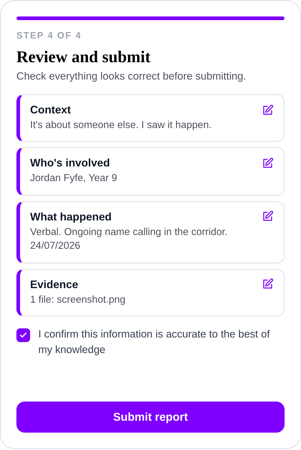 Step 4 of the uSpeak report form, Review and submit. A summary of the context, who's involved, what happened and any evidence, each one editable, above a confirmation checkbox.
